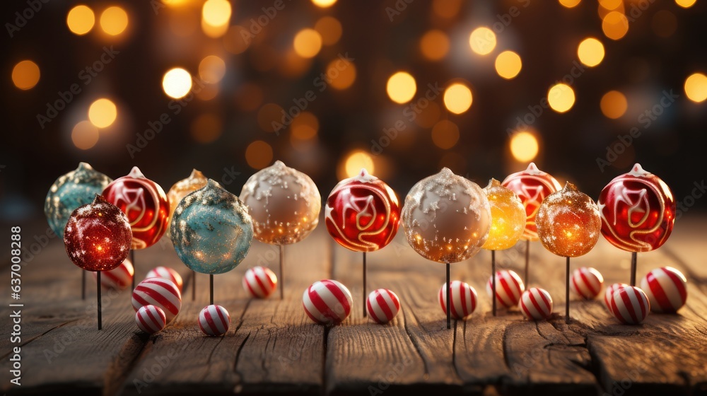 Christmas candies on a wooden table with bokeh background.