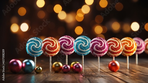 Colorful lollipops on wooden background with bokeh lights