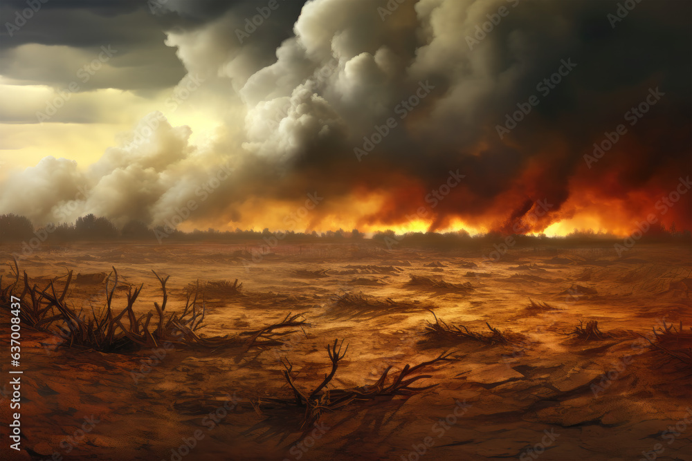 Wasteland destroyed by fire and heat, the horizon lit be flames against dark smoke-filled dramatic sky