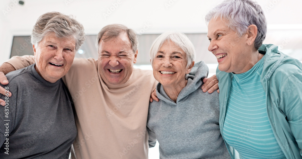 Elderly friends, selfie and smile in exercise group with hug, care and funny laugh with excited face for teamwork. Senior women, men and comic memory in gym, fitness or happy for post on social media Elderly friends, selfie and smile in exercise group with hug, care and funny laugh with excited face for teamwork. Senior women, men and comic memory in gym, fitness or happy for post on social media