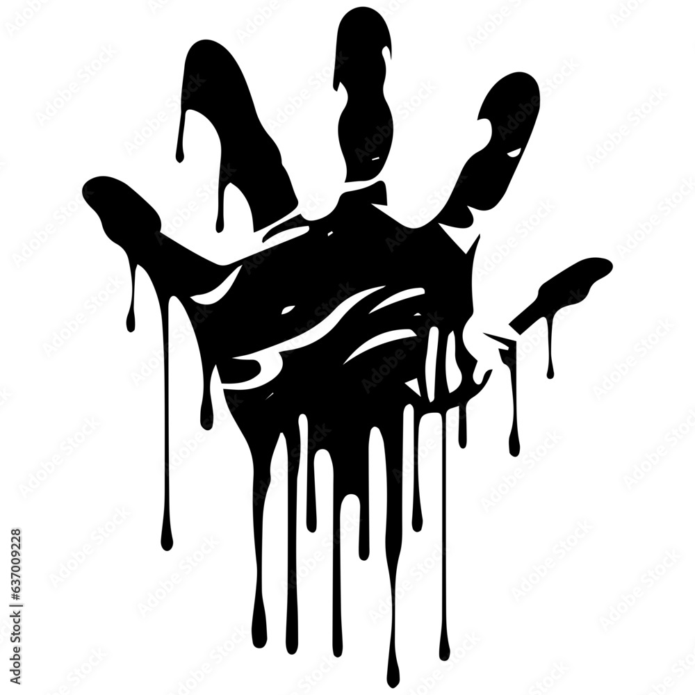 Red, bloody hand print. Dead, blood, horror and dirty red palm for