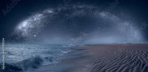 Leinwand Poster Namib desert with Atlantic ocean meets near Skeleton coast with Milky Way galaxy