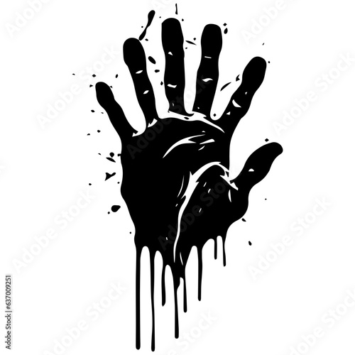 Red, bloody hand print. Dead, blood, horror and dirty red palm for halloween party. Vector red hand day