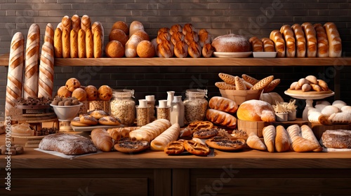 Modern Bakery with Assortment of Different Kinds of Bread, Fancy Cakes, Buns and Croissants. Generative AI