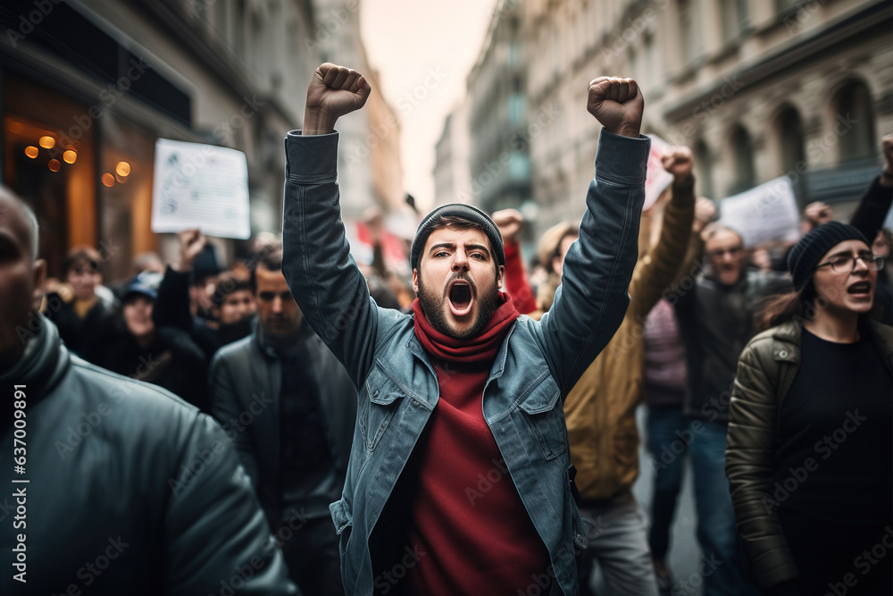 Man with raised hands and clenched fists shouts slogans along with a crowd of protesters marching through the city as part of the rally. Man with raised hands and clenched fists shouts slogans along with a crowd of protesters marching through the city as part of the rally.