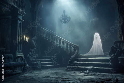 Ethereal female wraith in white haunting a ruined hall of  abandoned mansion