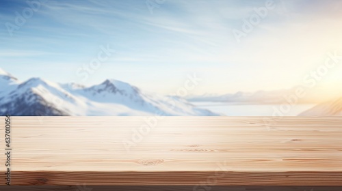 empty wooden table in modern style for product presentation with a blurred arctic landscape in the background