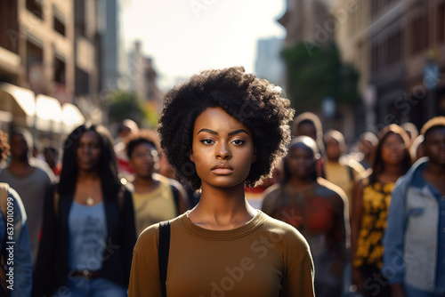 Amidst diverse black protesters, an African-American female activist's portrait symbolizes unity against racism, advocating for justice. © Arsenii