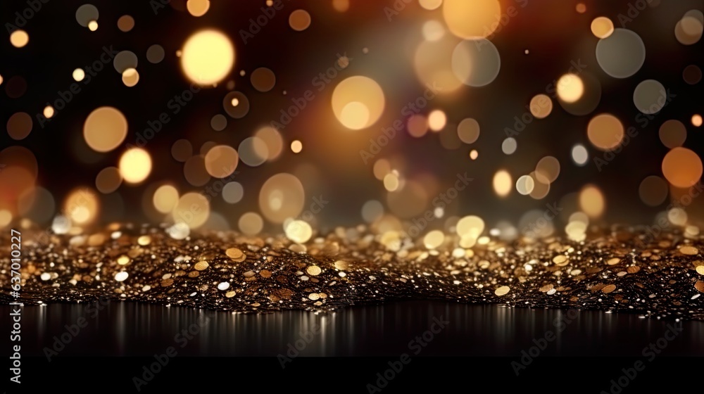 Xmas black, dark, gold blurred bokeh abstract background. Glitter lights and sparkle. Blurred golden soft vintage seamless card, metallic christmas banner. Xmas black, dark, gold blurred bokeh abstract background. Glitter lights and sparkle. Blurred golden soft vintage seamless card, metallic christmas banner.