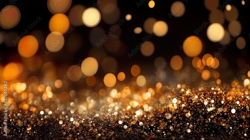 Xmas black, dark, gold blurred bokeh abstract background. Glitter lights and sparkle. Blurred golden soft vintage seamless card, metallic christmas banner.