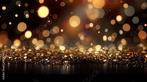 Xmas black, dark, gold blurred bokeh abstract background. Glitter lights and sparkle. Blurred golden soft vintage seamless card, metallic christmas banner.