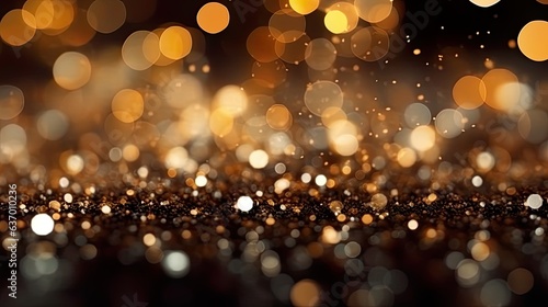 Xmas black, dark, gold blurred bokeh abstract background. Glitter lights and sparkle. Blurred golden soft vintage seamless card, metallic christmas banner.