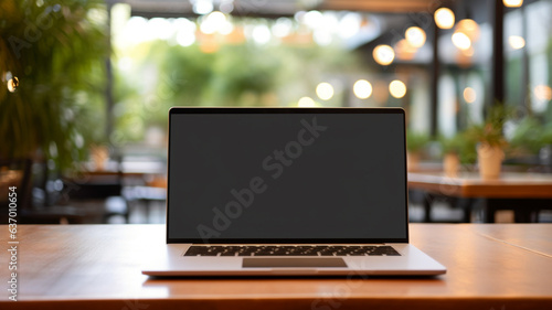 Blank screen laptop computer with opened lid on table in meeting room of office workspace. Generative AI