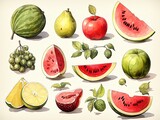 Realistic watercolor Poster of fruits, slices of watermelons, grapes, pears, apples, strawberries. Generative AI.