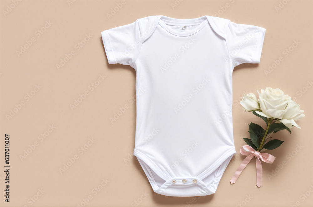 Charming Baby Essentials: A snapshot of a white baby onesie against a warm beige background—perfect for showcasing infant wardrobe must-haves. Charming Baby Essentials: A snapshot of a white baby onesie against a warm beige background—perfect for showcasing infant wardrobe must-haves.