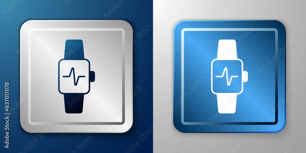 White Smart watch showing heart beat rate icon isolated on blue and grey background. Fitness App concept. Silver and blue square button. Vector White Smart watch showing heart beat rate icon isolated on blue and grey background. Fitness App concept. Silver and blue square button. Vector