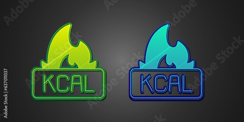 Green and blue Kcal icon isolated on isolated on black background. Health food. Vector
