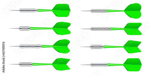Green dart arrows with metal tip isolated on white background. Dart throwing sport game, dartboard equipment. Vector illustration