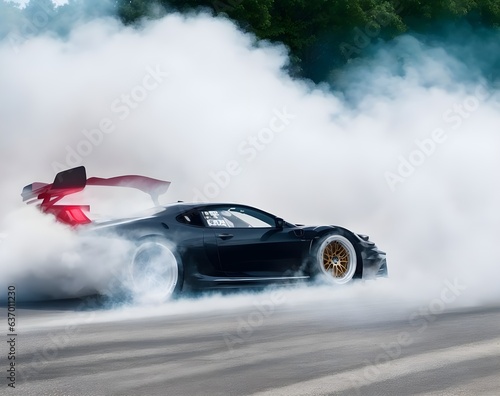 generic sports car performing burnout or drifting on the racing track with smoke and heat as a wide banner with copy space area