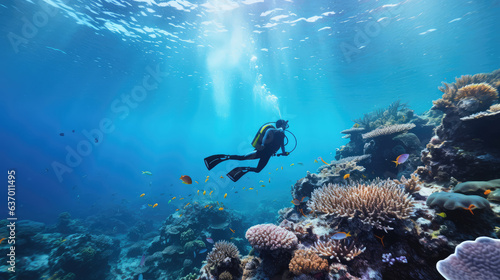 Scuba diver at the bottom of tropical coral reef, underwater landscape