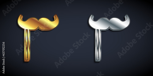 Gold and silver Paper mustache on stick icon isolated on black background. Concept with cardboard carnival mask. Mask for a photo shoot. Long shadow style. Vector