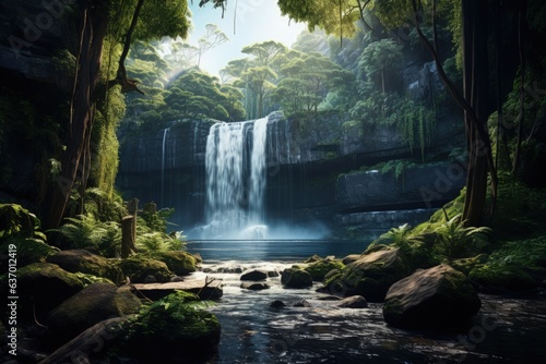 Serene Waterfall in Lush Forest Setting. Generative AI