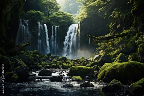 Serene Waterfall in Lush Forest Setting. Generative AI