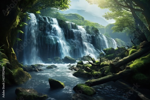 Serene Waterfall in Lush Forest Setting. Generative AI