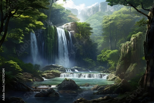 Serene Waterfall in Lush Forest Setting. Generative AI