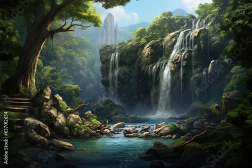 Serene Waterfall in Lush Forest Setting. Generative AI