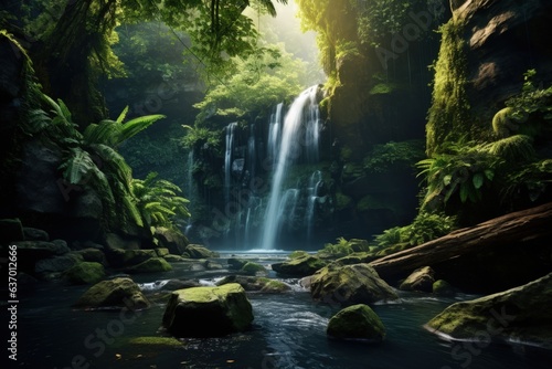 Serene Waterfall in Lush Forest Setting. Generative AI