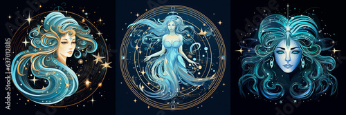 beautiful Aquarius horoscope signs on a dark blue background. Generative Ai.