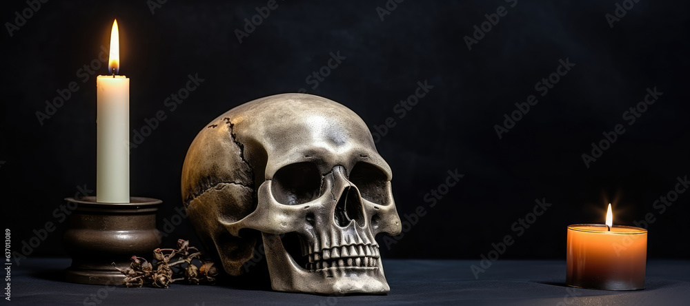 Still life with human skull and candles on black background. Halloween concept Still life with human skull and candles on black background. Halloween concept