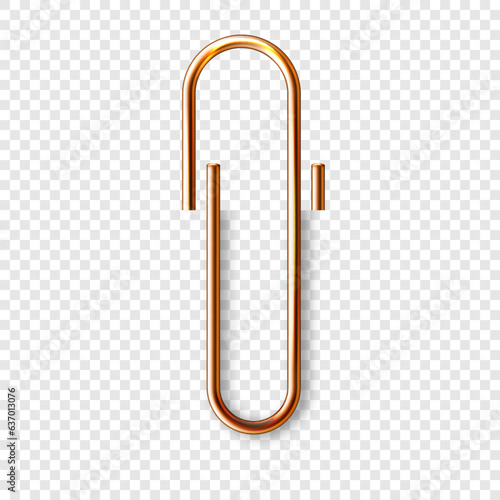 Realistic copper paperclip attached to paper isolated on white background. Shiny metal paper clip, page holder, binder. Workplace office supplies. Vector illustration