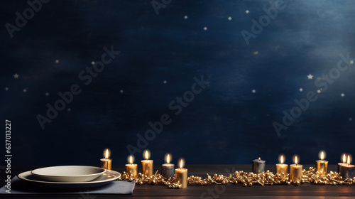 Tableau sur toile Beautifully Decorated Hanukkah Table Set for a Family Gathering , Hanukkah, wide