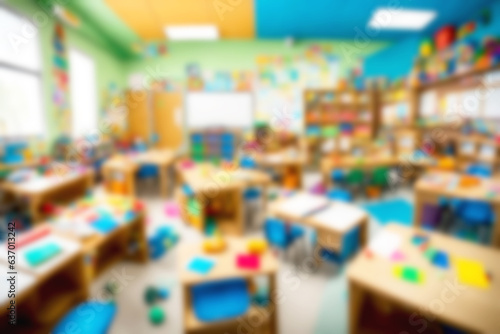 Abstract blurred background illustration. colorful classroom tailored for children, adorned with kaleidoscope of hues that spark creativity and joy. Walls painted lively shades that inspire kids.