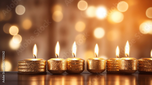 Menorah Candles Reflecting Warmth in a Window Sill , Hanukkah, wide banner with copy space area 
