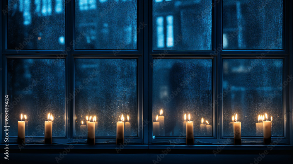 Nighttime View of Hanukkah Candles Glowing in Windows , Hanukkah, wide banner with copy space area  