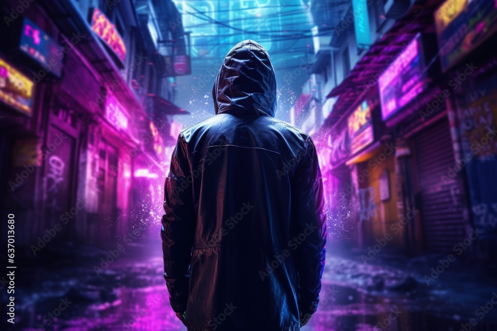 Cyberpunk Hacker in a Neon-drenched Alley. Generative AI