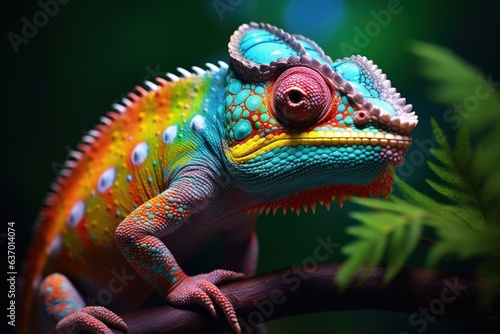 Close-Up of a Colorful Chameleon's Changing Skin. Generative AI © Ilugram