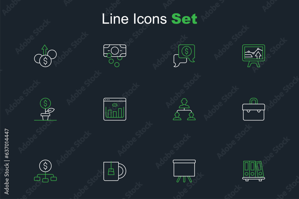 Set line Office folders, Chalkboard, Cup of tea, Hierarchy with dollar, Briefcase, Employee hierarchy, Browser stocks market and Dollar plant icon. Vector