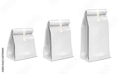 Flat bottom paper bag with fold top and sticky label. Different sizes vector mockup set. Blank package for coffee, tea, snacks and other foods mock-up kit. Template for design