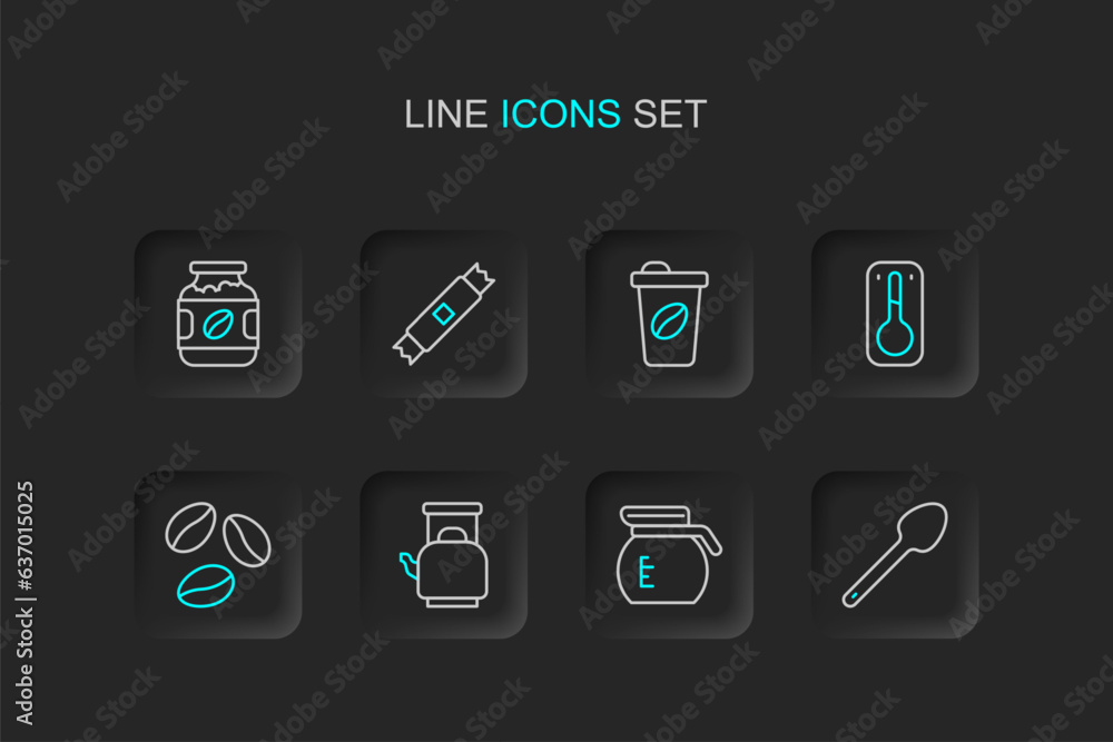 Set line Teaspoon, Coffee pot, Kettle with handle, beans, thermometer, cup to go, Sugar stick packets and jar bottle icon. Vector Set line Teaspoon, Coffee pot, Kettle with handle, beans, thermometer, cup to go, Sugar stick packets and jar bottle icon. Vector