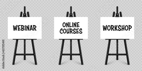 Realistic paint desk with text on white canvas. Black wooden easel and a sheet of drawing paper. Presentation board on a tripod. Distance education, online courses and e-learning. Vector illustration