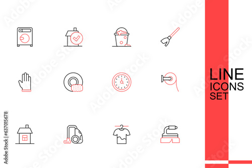 Set line Brush for cleaning, Drying clothes, Vacuum cleaner, House, Toilet paper roll, Clock, Washing dishes and Rubber gloves icon. Vector
