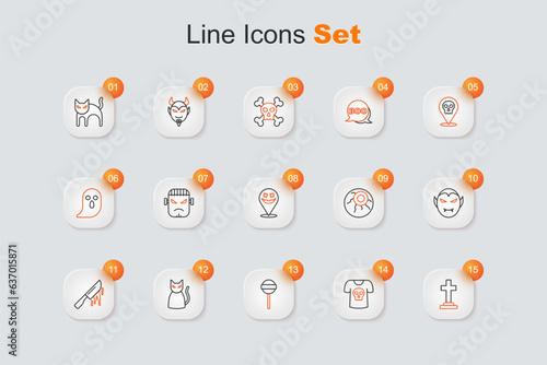 Set line Tombstone with cross, Shirt skull, Lollipop, Black cat, Bloody knife, Vampire, Eye and Happy Halloween holiday icon. Vector