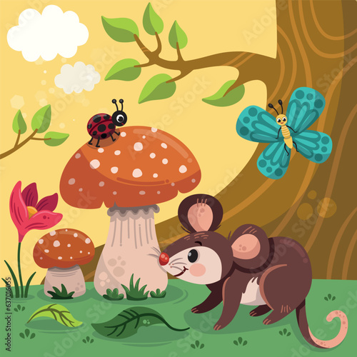 Cute vole, butterfly and ladybug animals that met in the forest. Vector illustration for kids.