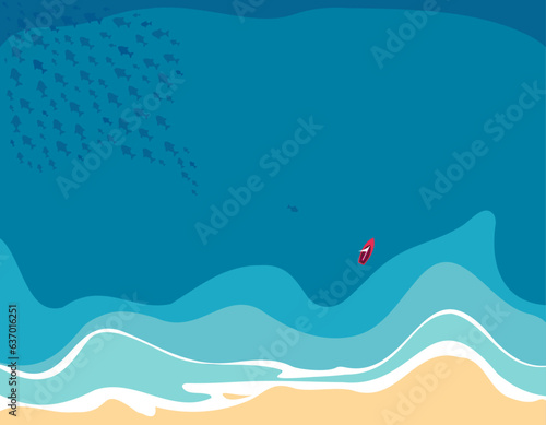 Contrast in the current: Single, curious fish approaching the boat near the shore, while the shoal swims into the wide sea. Man against nature. 