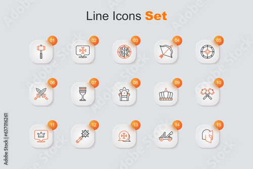 Set line Medieval helmet, catapult, Crusade, Mace with spikes, King crown, Crossed battle hammers, and throne icon. Vector