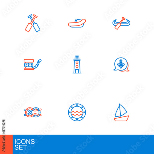 Set line Yacht sailboat, Ship porthole, Nautical rope knots, Anchor, Marine bollard with, Lighthouse, Kayak and paddle and Inflatable motor icon. Vector